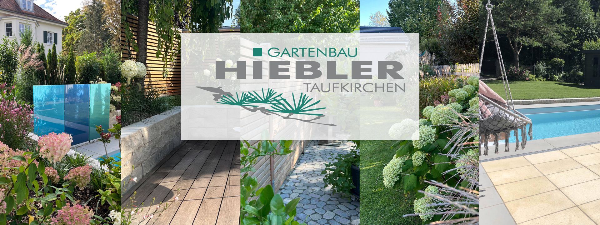Collage aus Gartenprojekten von Gartenbau Hiebler: Pool mit Glaswand, Natursteinmauer mit Holzterrasse, Pflasterweg, Hortensienbeete und Hängesessel am Pool